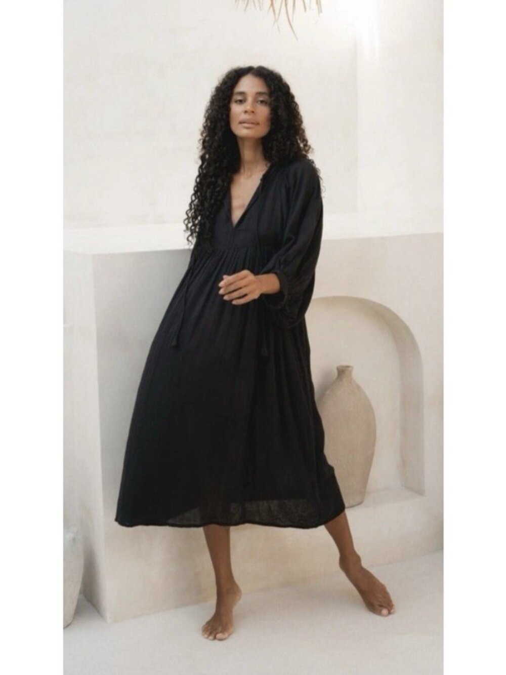 DAUGHTERS OF INDIA Kyra Midi Dress Black Gauze Cotton Large